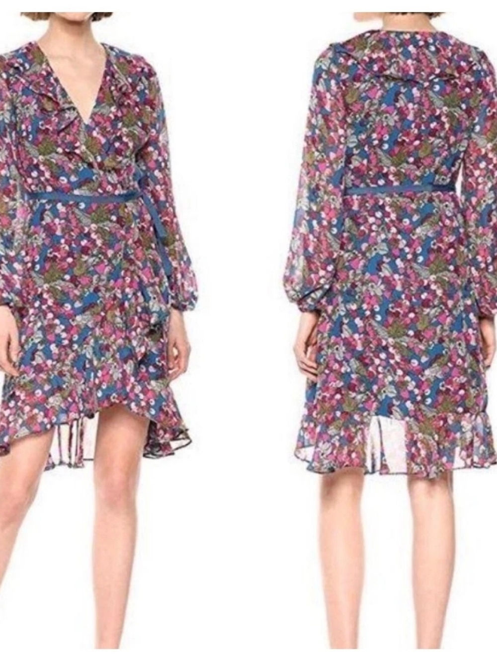 Betsey Johnson Very Cherry Floral V-Neck Chiffon Ruffle Wrap Dress